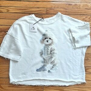 Bright White Winter Bear Graphic Cropped Sweatshirt Cozy Luxe Made in Italy